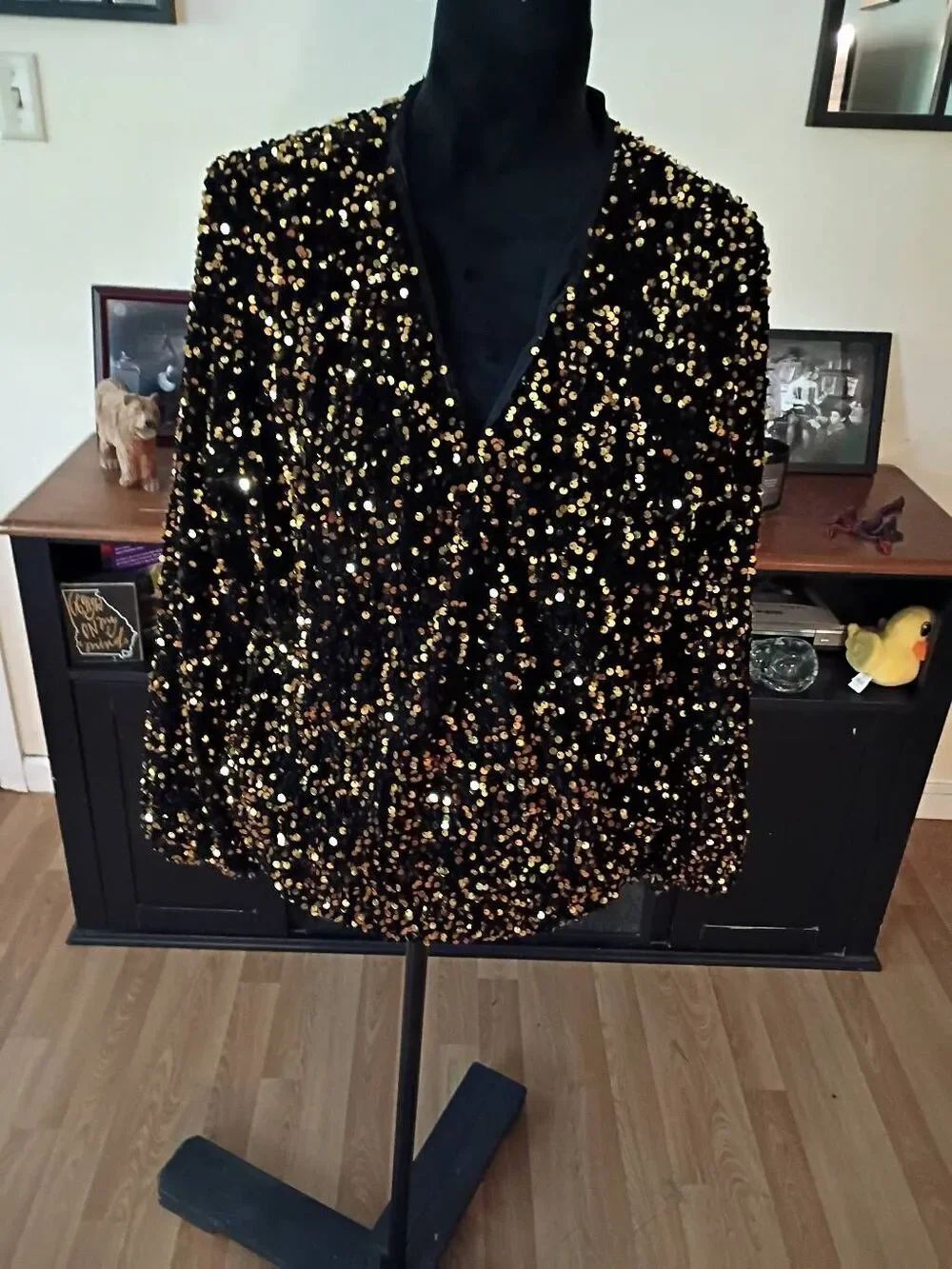 Gold Sequin Velvet Deep V Neck Long Sleeve Party Top Blouse Lined Size L